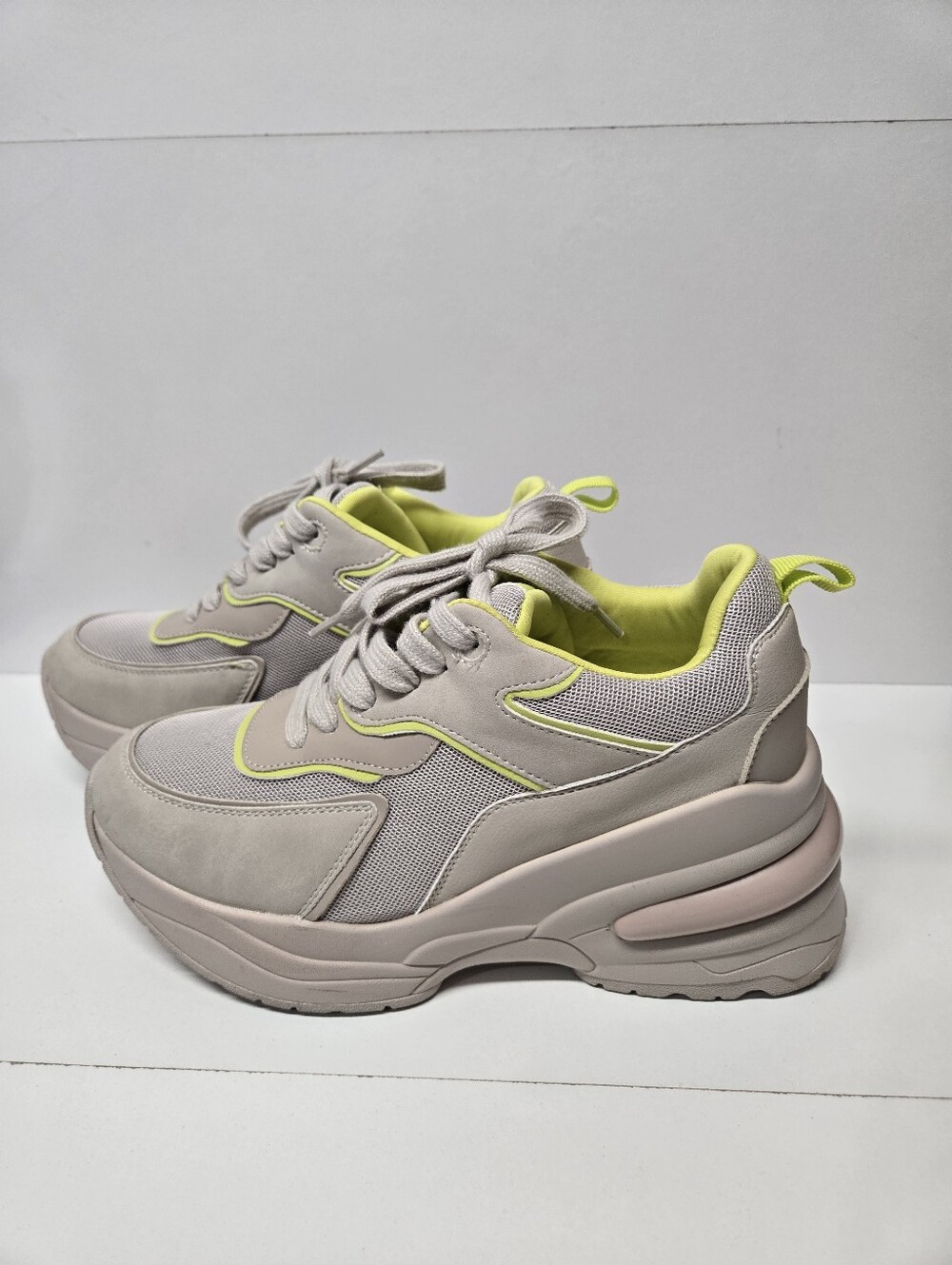 Call It Spring Beige Platform/wedge Sneakers with Neon Yellow Accents